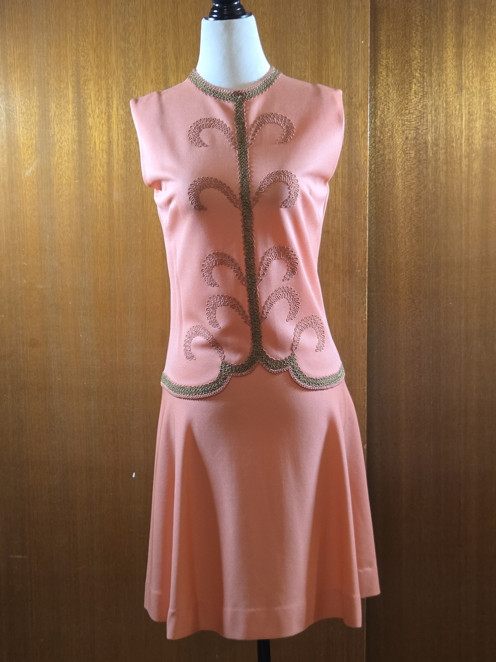 VTG 60s 70s Géro Paris Peach Drop Waist Soutache Embroidered Pleated Dress - S